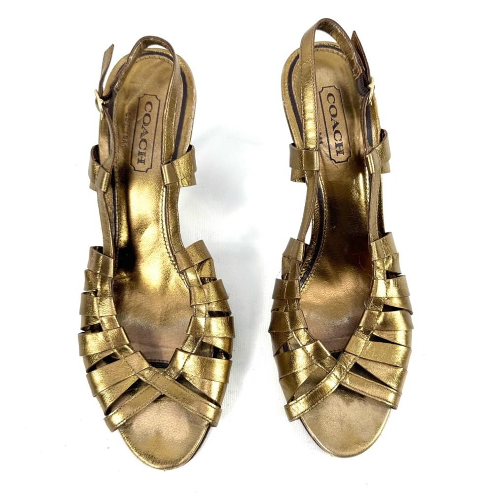 Coach Gold Slingback Strappy Heel Sandals with Peep Toe - Picture 2 of 9